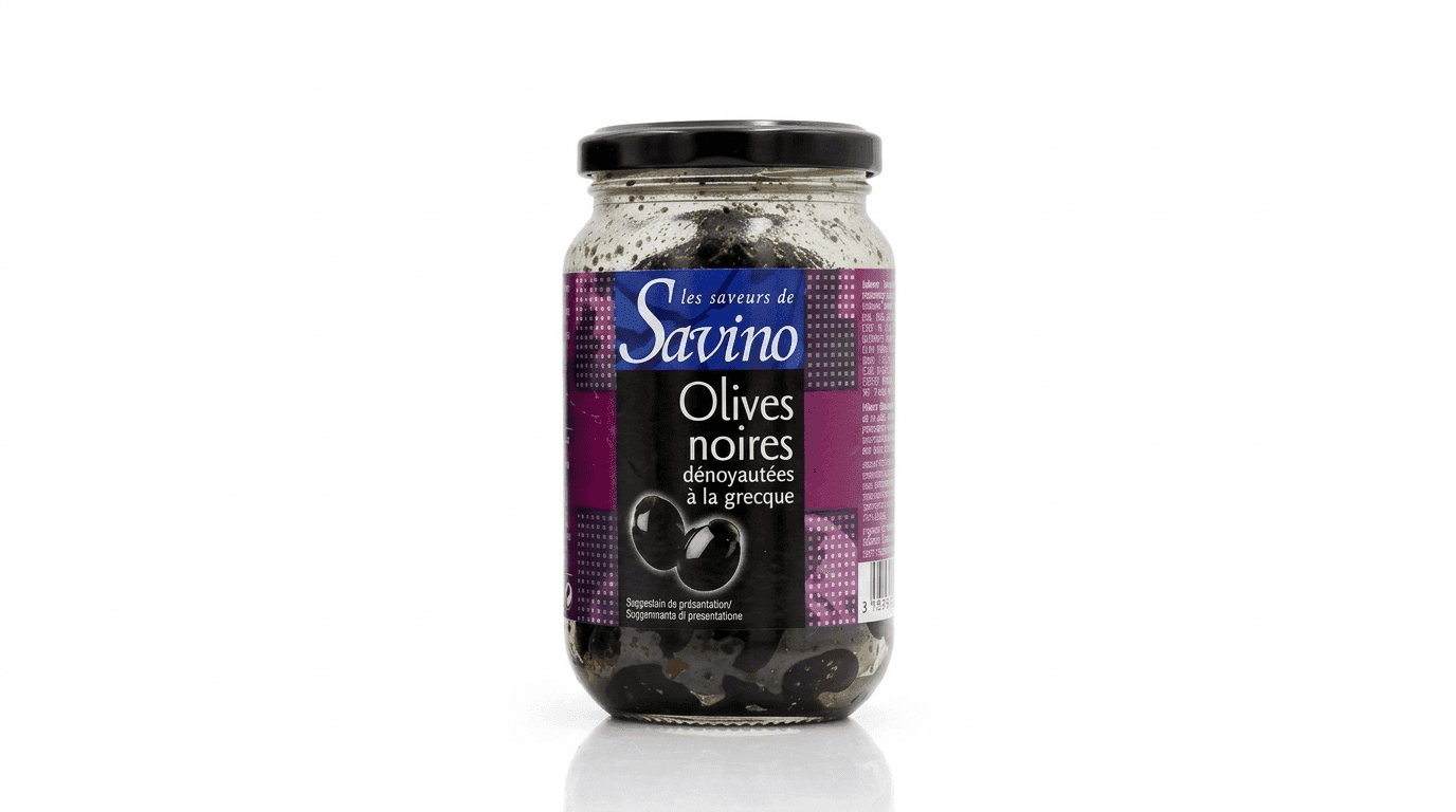 Olives noires dénoyautées à la grecque Savino pot verre 37cl