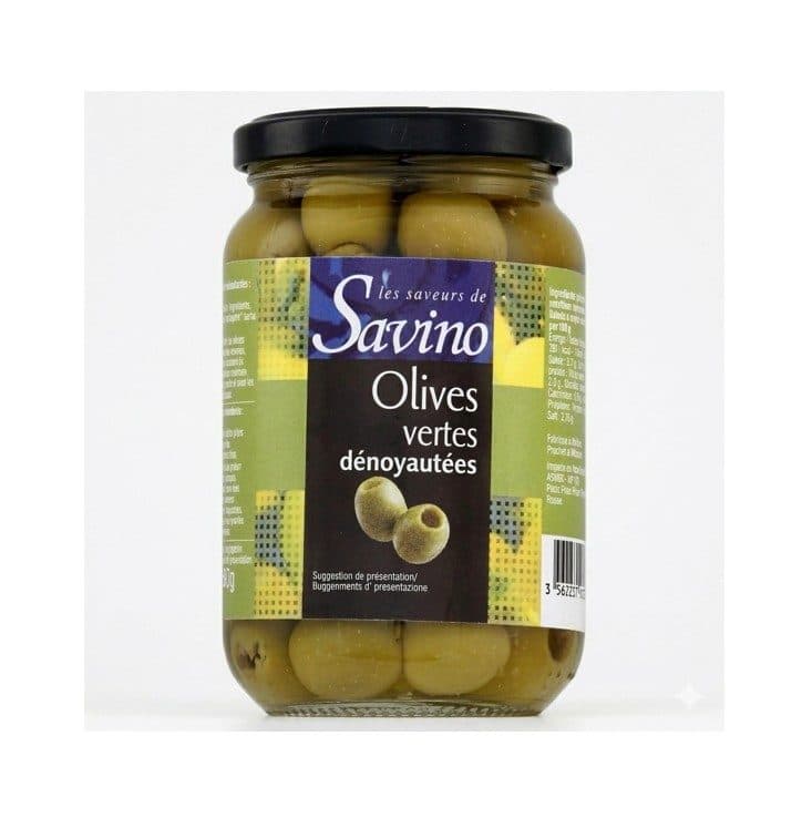 Olives vertes dénoyautées Savino pot verre 37cl
